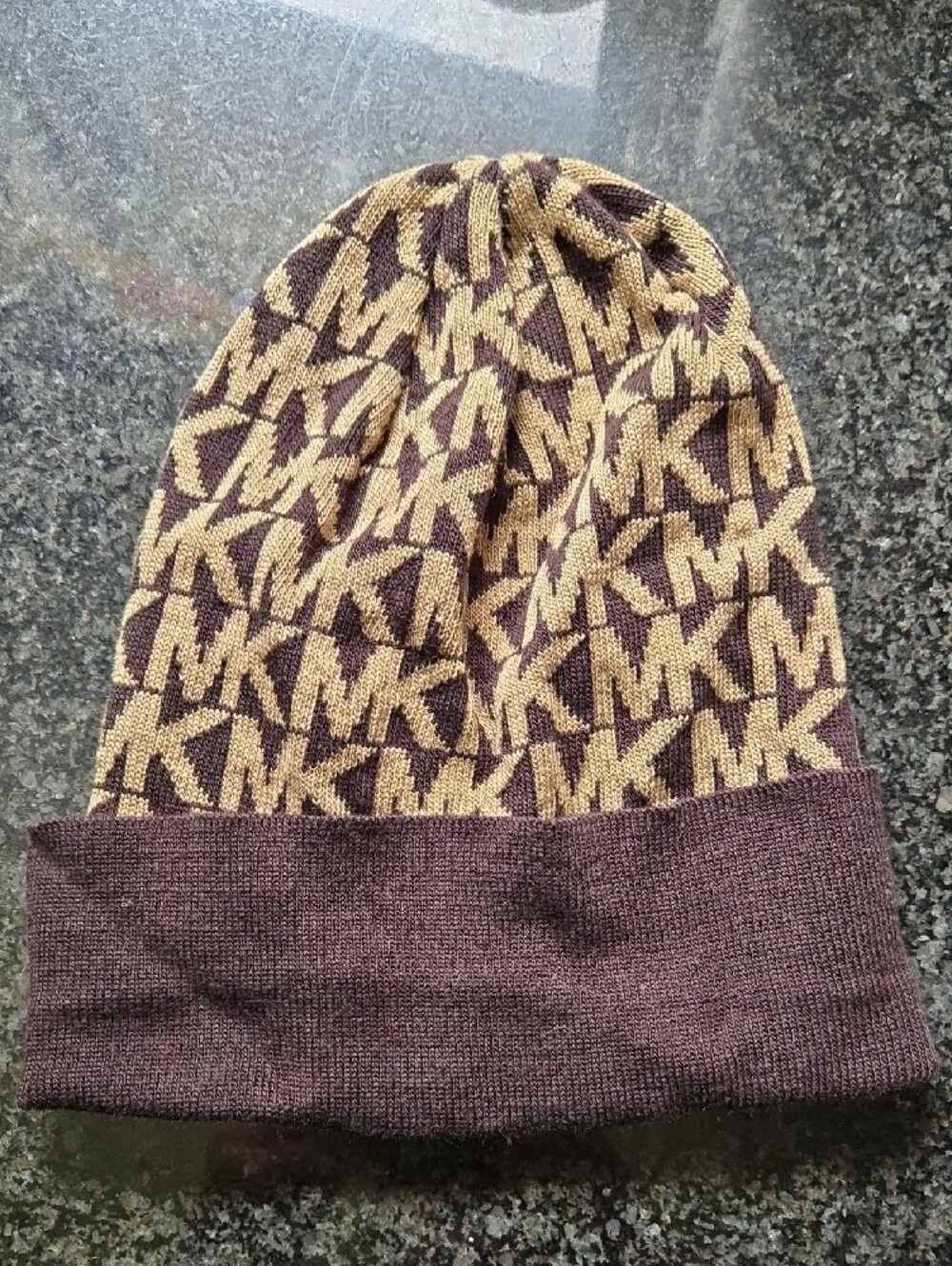 Michael Kors Brown and Beige MK Logo Knit Beanie - Picture 4 of 6